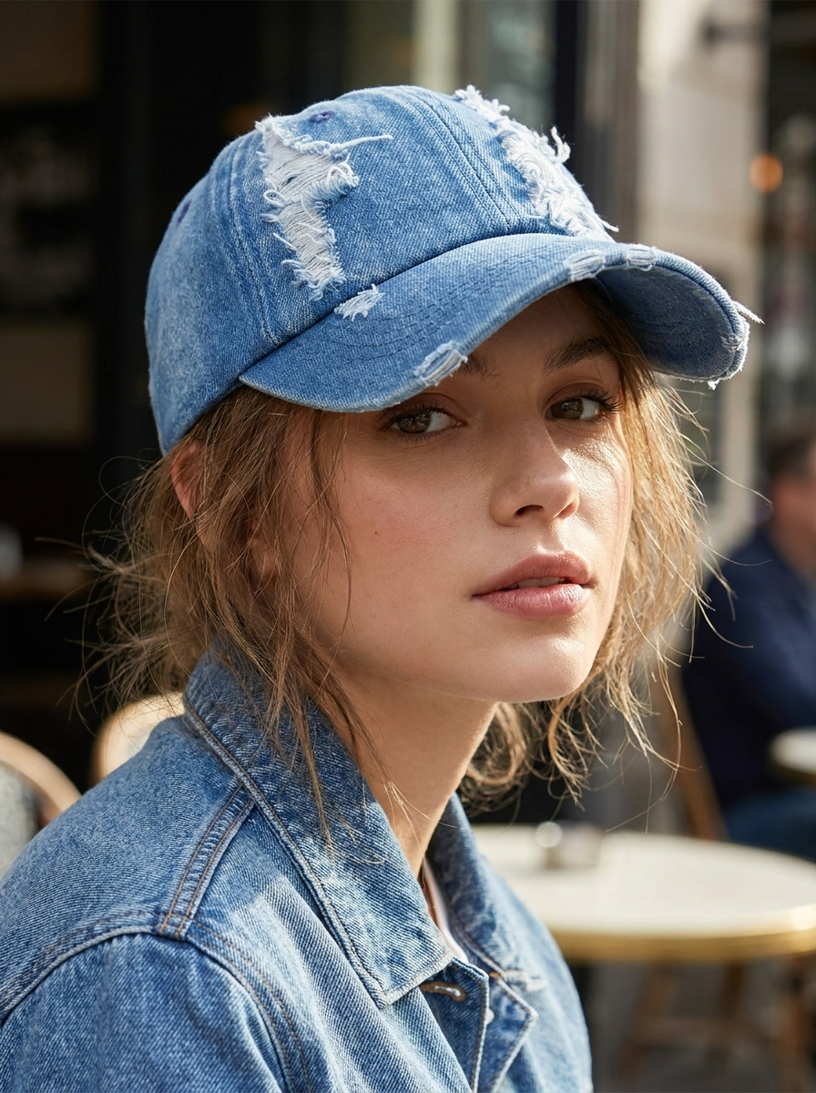 Distressed and ripped faded denim baseball cap