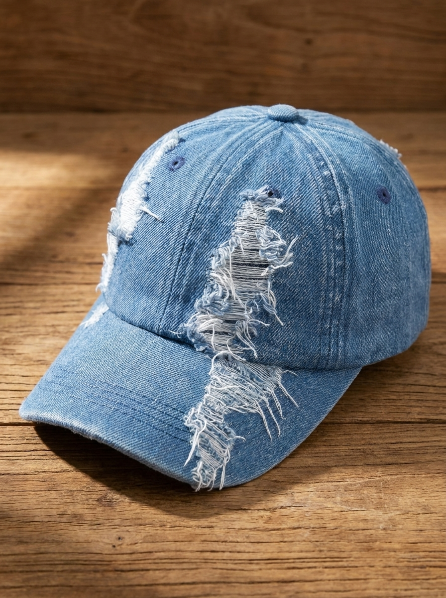Distressed and ripped faded denim baseball cap