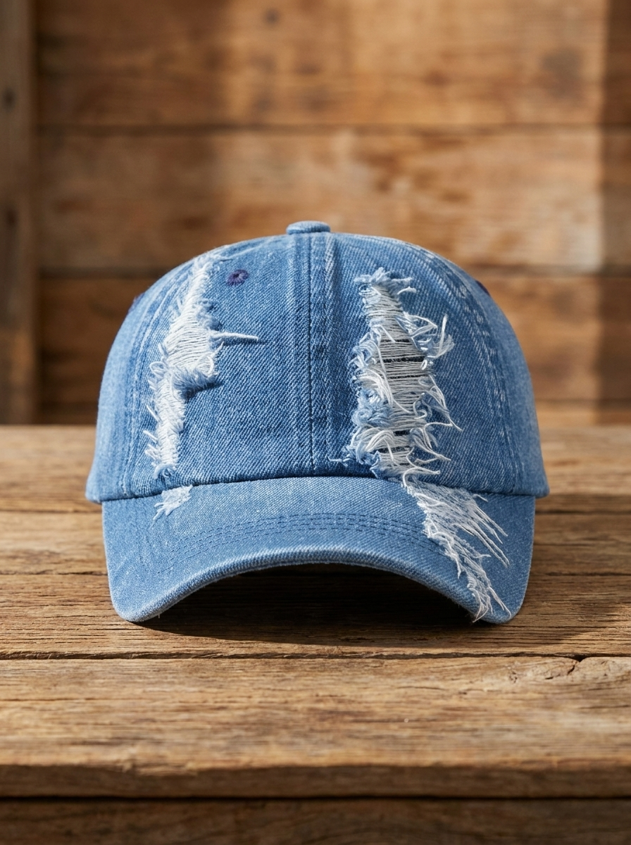 Distressed and ripped faded denim baseball cap