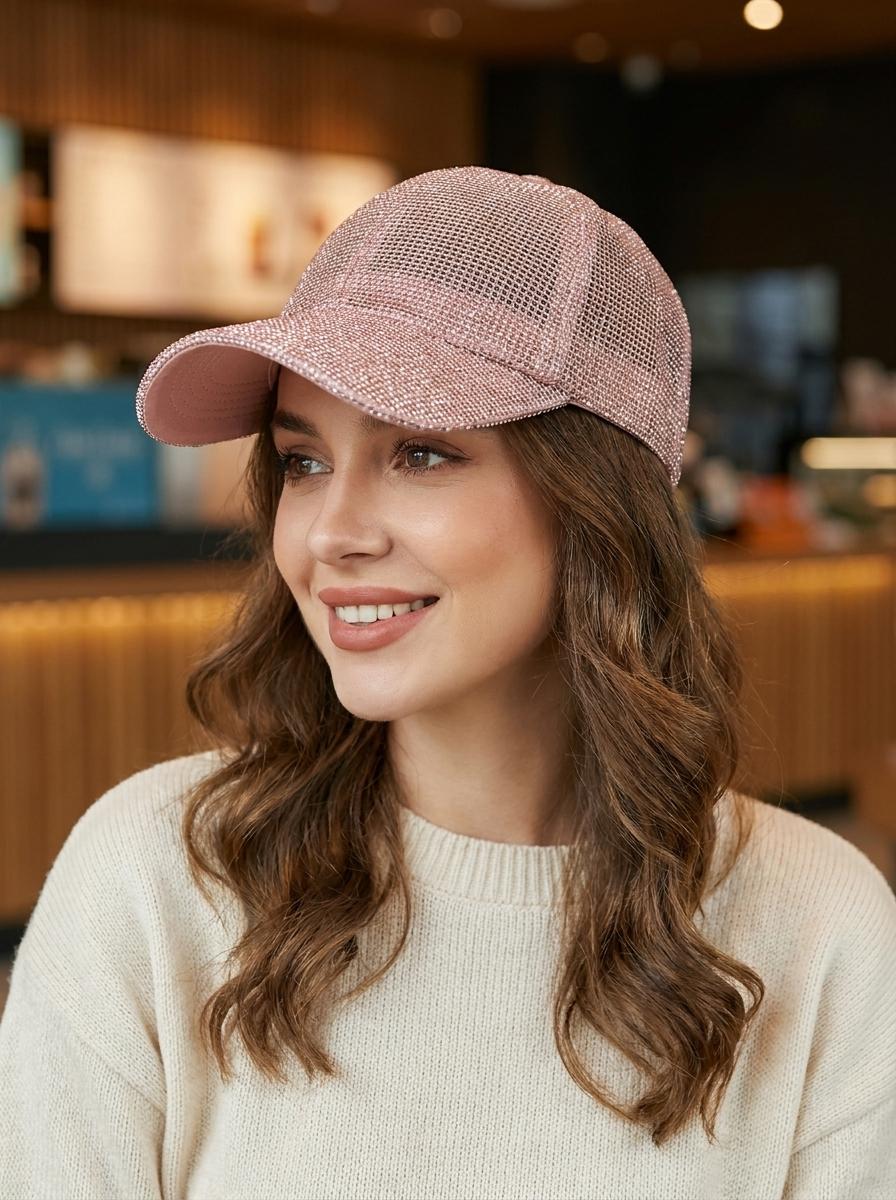 Glitterende mesh-baseballpet voor dames, sprankelend roze