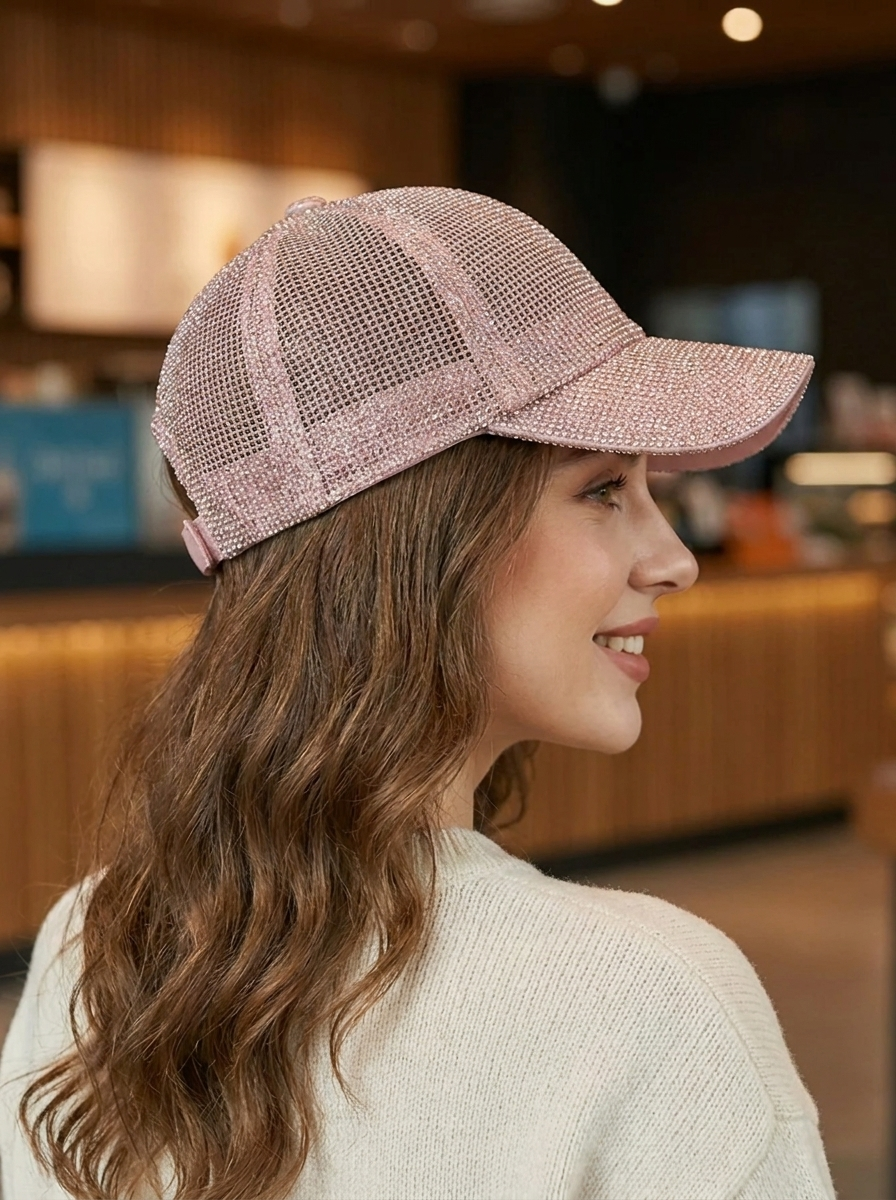 Glitterende mesh-baseballpet voor dames, sprankelend roze