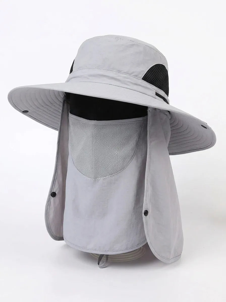Sonnenhut mit breiter, umklappbarer Krempe, abnehmbarem Nackenlatz und Gesichtsmaske, atmungsaktiv