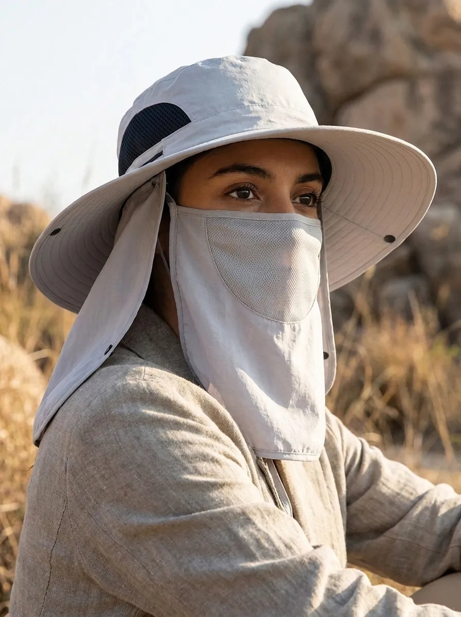 Sonnenhut mit breiter, umklappbarer Krempe, abnehmbarem Nackenlatz und Gesichtsmaske, atmungsaktiv