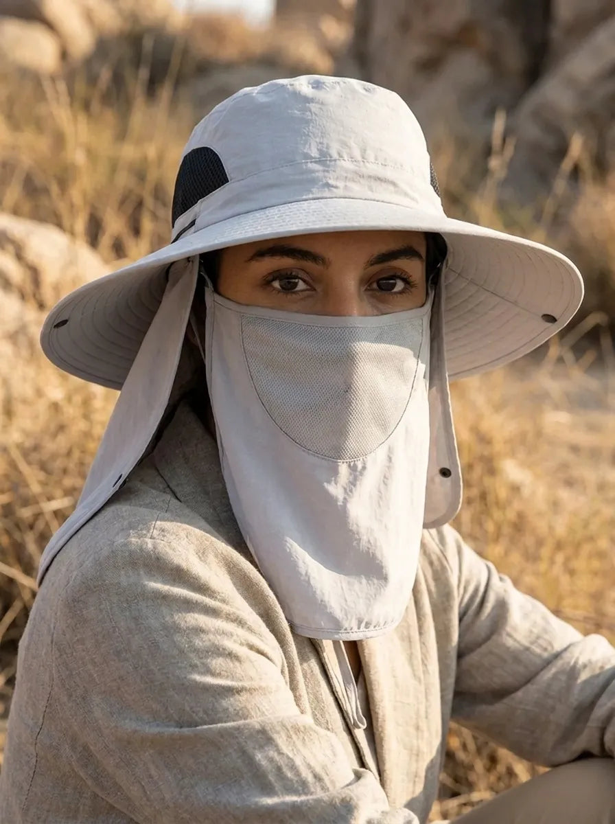 Sonnenhut mit breiter, umklappbarer Krempe, abnehmbarem Nackenlatz und Gesichtsmaske, atmungsaktiv