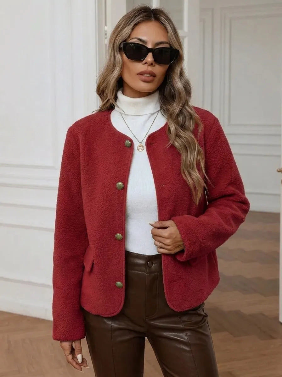 Chaqueta corta de mujer sin cuello, naranja o burdeos, con botones dorados