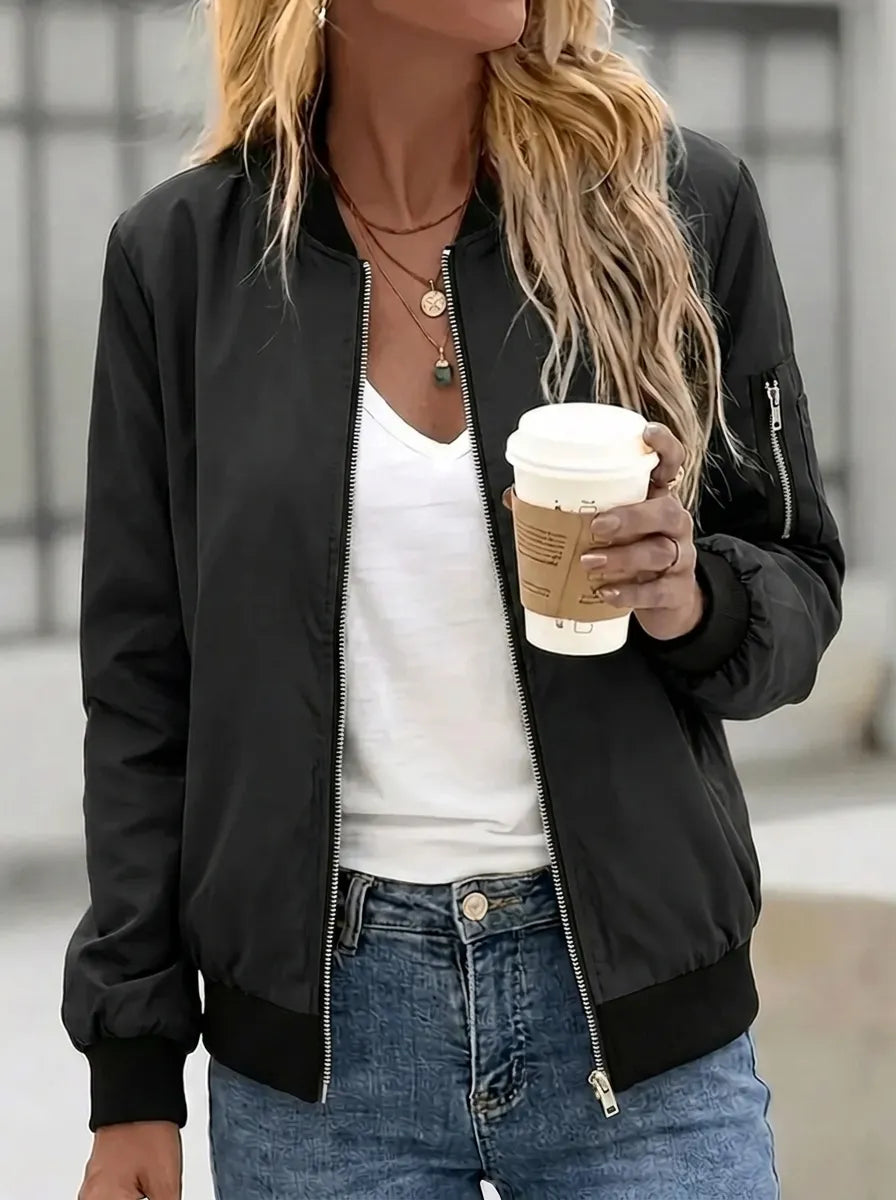 Women's bomber jacket, lightweight zip-up jacket with pockets and low collar