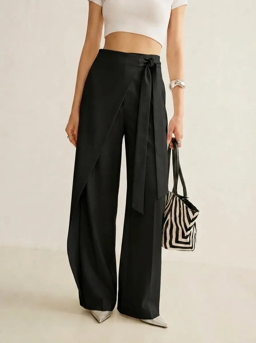 Women's High-Waisted Solid-Color Wrap Wide-Leg Trousers with Tie