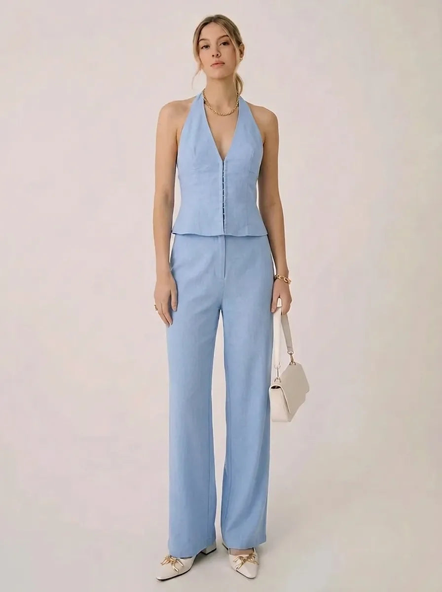 Women's light blue halter-neck wide-leg pants set