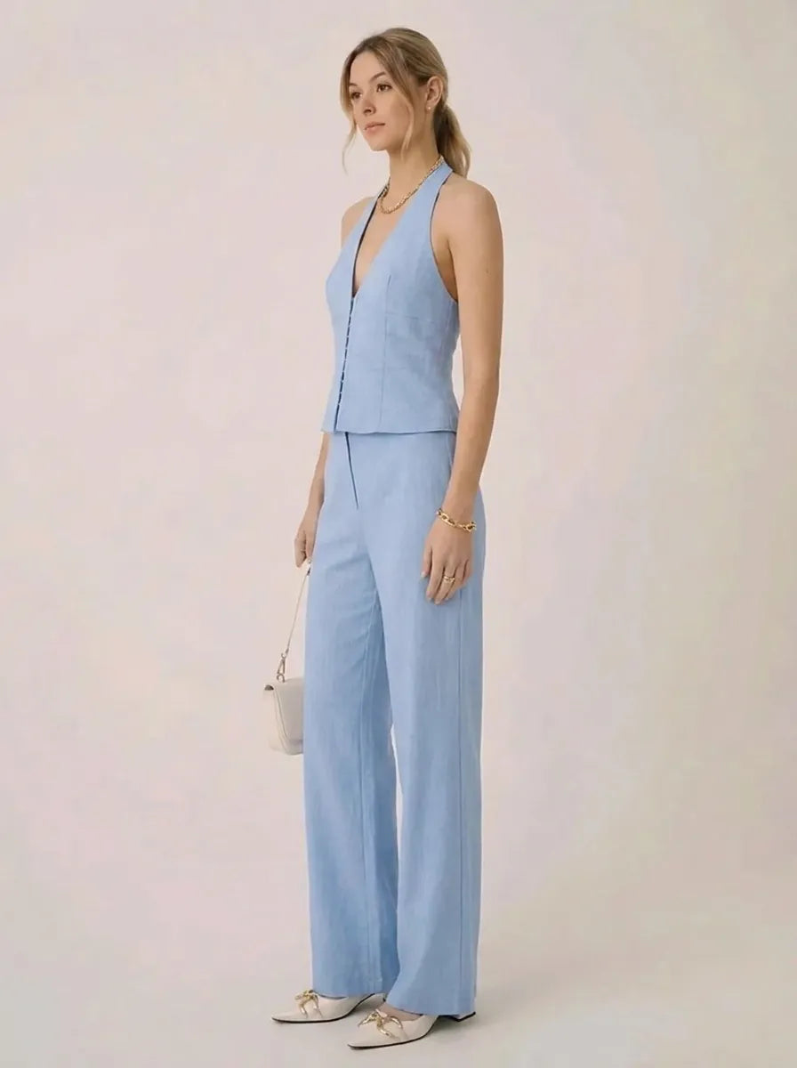 Women's light blue halter-neck wide-leg pants set