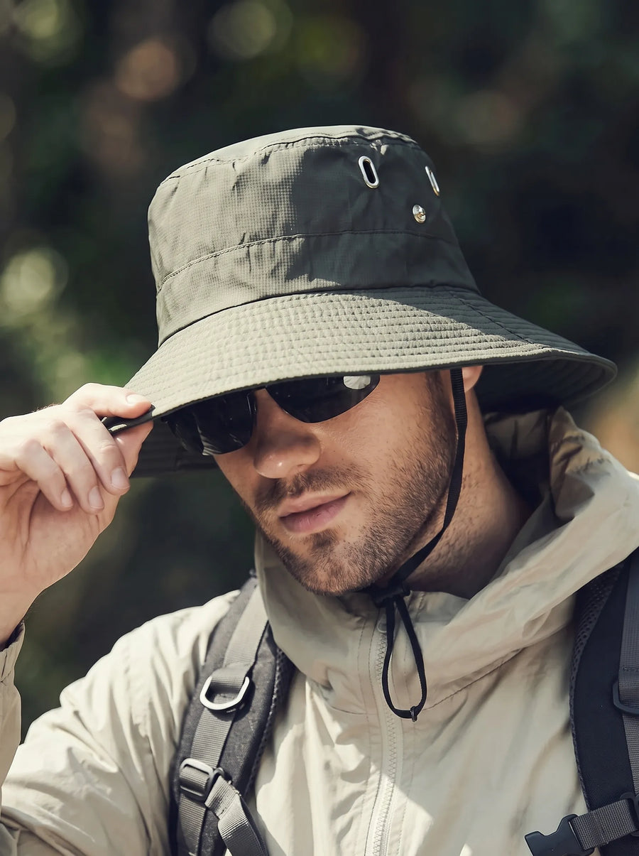 Solid-color bucket sun hat with drawstring