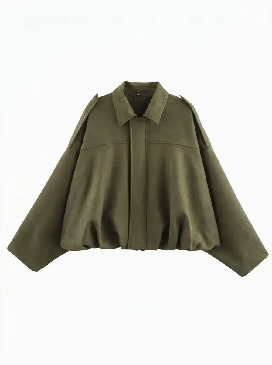 Women's Short Aviator-Style Bomber Jacket with Classic Collar and Elastic Hem