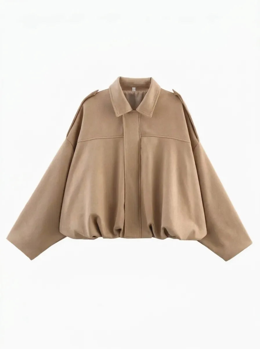 Women's Short Aviator-Style Bomber Jacket with Classic Collar and Elastic Hem
