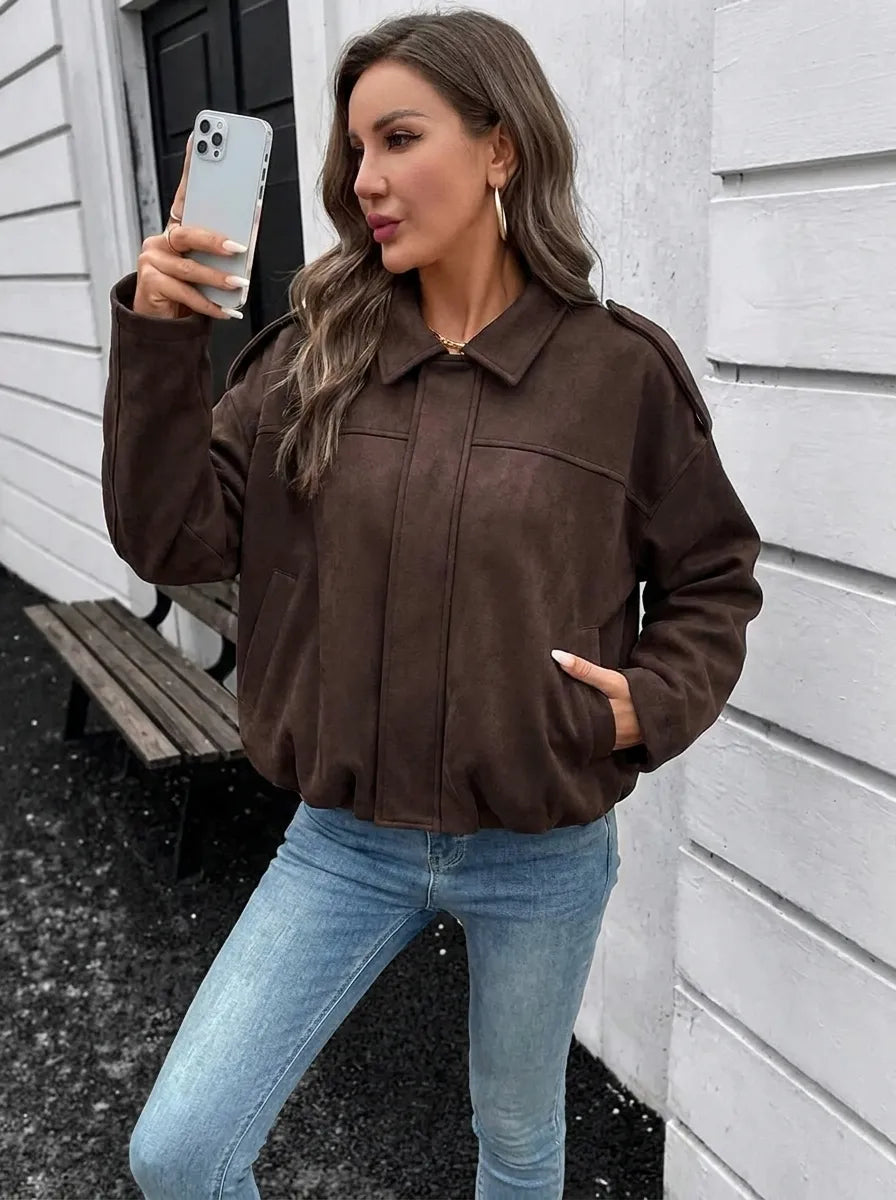 Women's Short Aviator-Style Bomber Jacket with Classic Collar and Elastic Hem