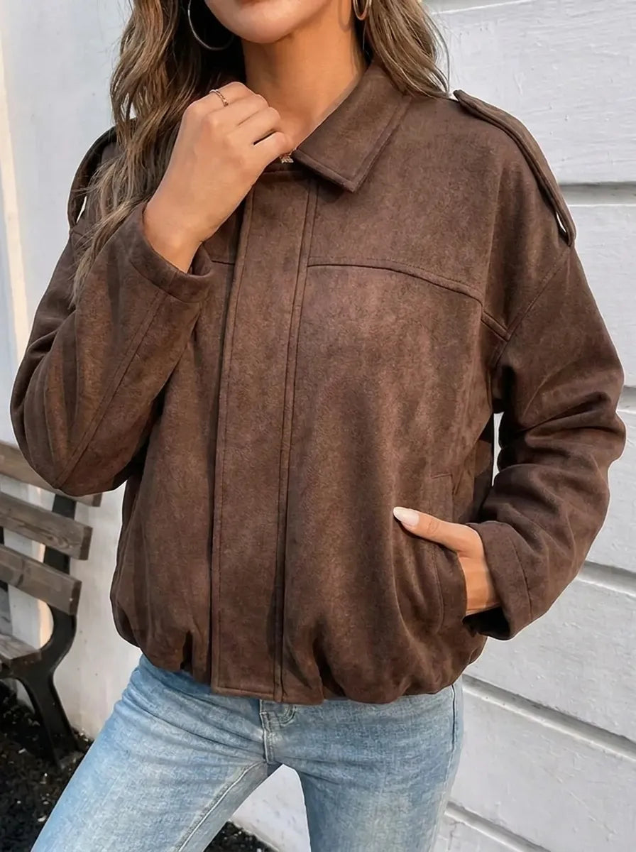 Women's Short Aviator-Style Bomber Jacket with Classic Collar and Elastic Hem