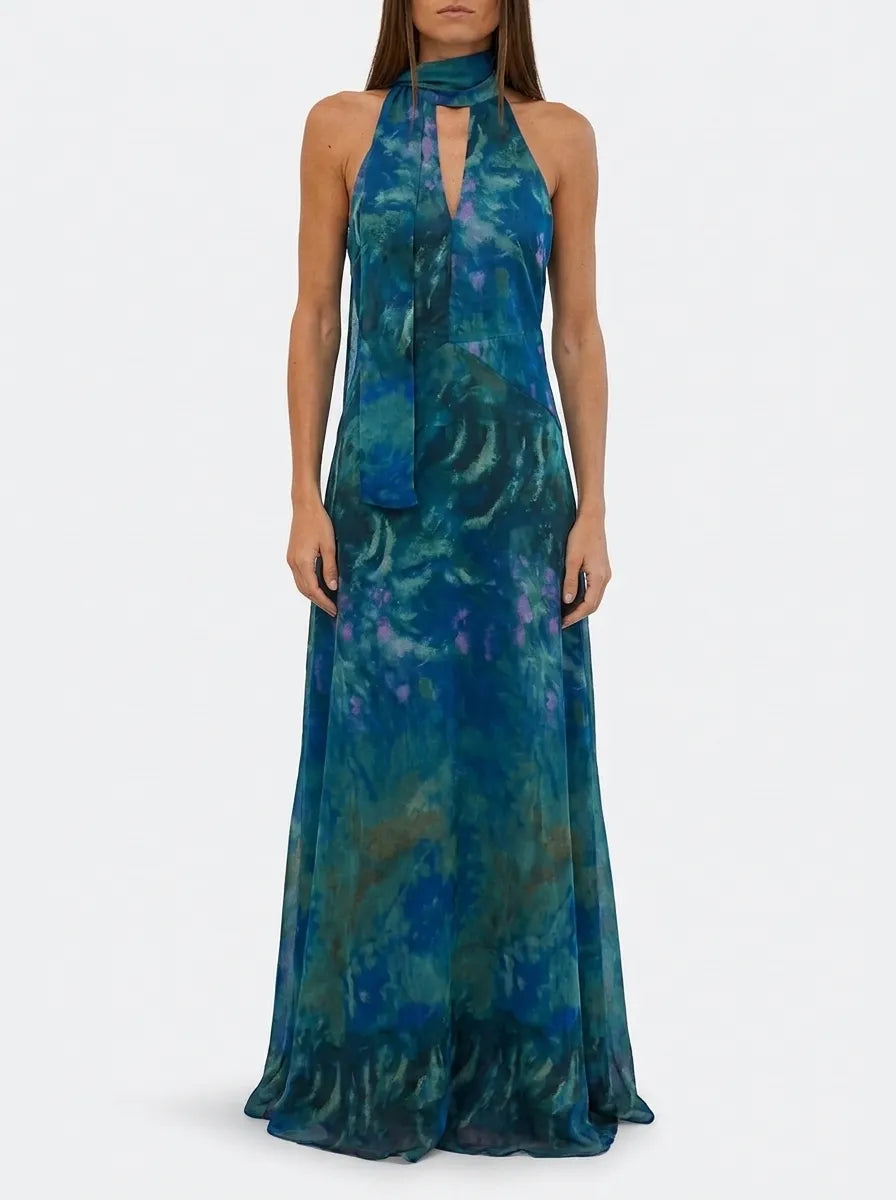 Vestido largo de mujer con cuello alto y escote en V, estampado abstracto azul y verde