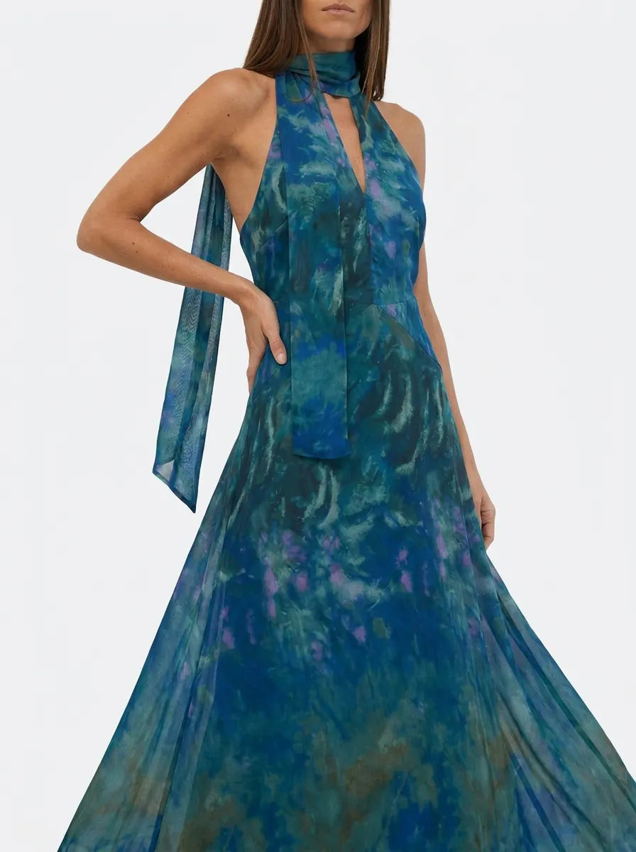 Vestido largo de mujer con cuello alto y escote en V, estampado abstracto azul y verde