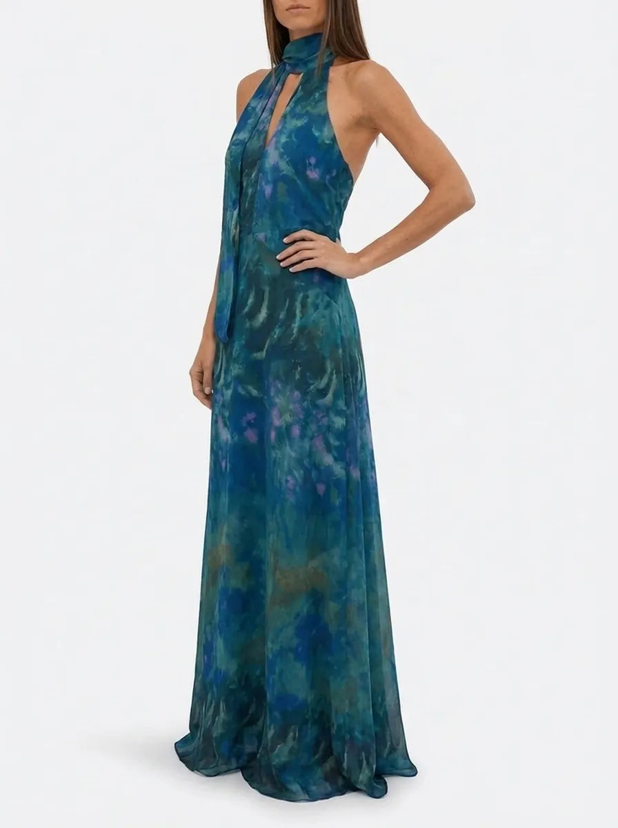 Vestido largo de mujer con cuello alto y escote en V, estampado abstracto azul y verde