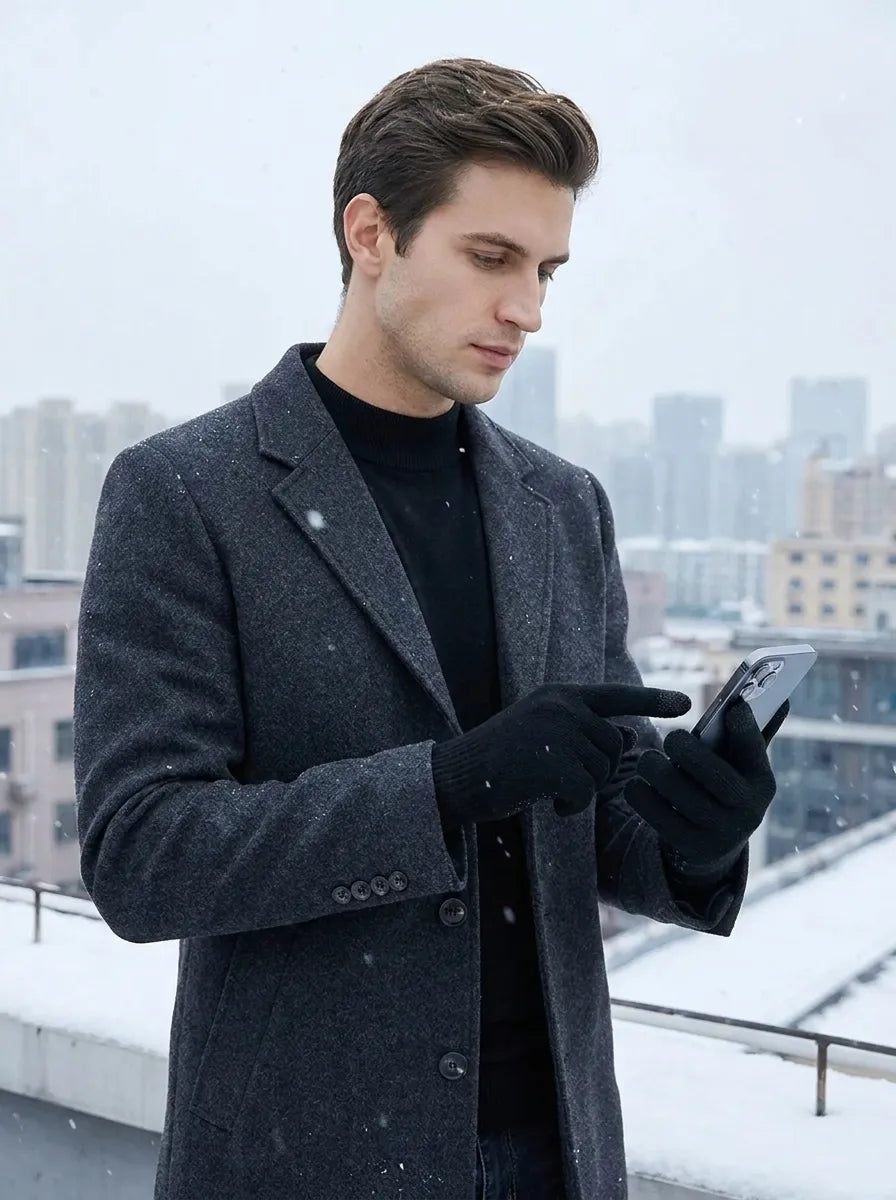 Schwarze gestrickte Winter-Touchscreenhandschuhe mit rutschfestem Muster