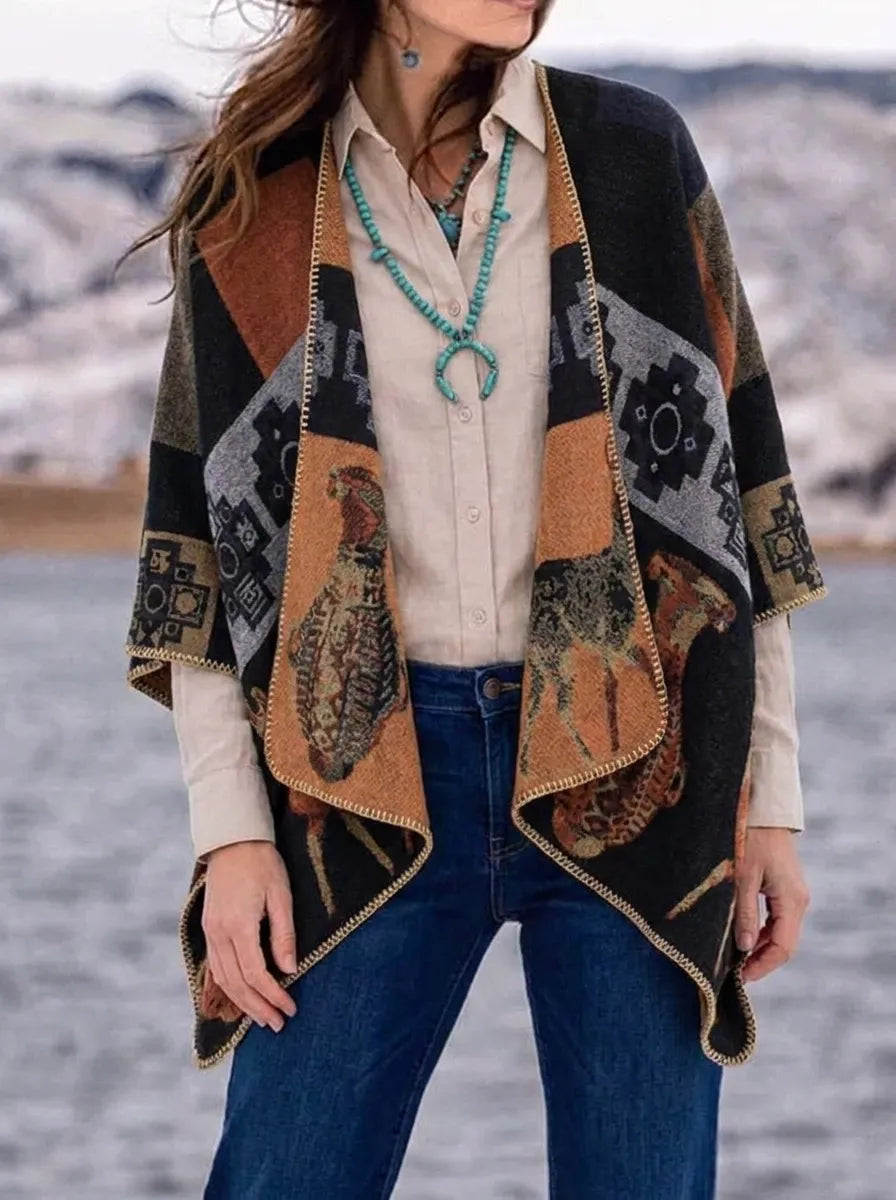 Cardigan Kimono Femme à Motifs Ethniques Imprimés Coupe Ample Multicolore