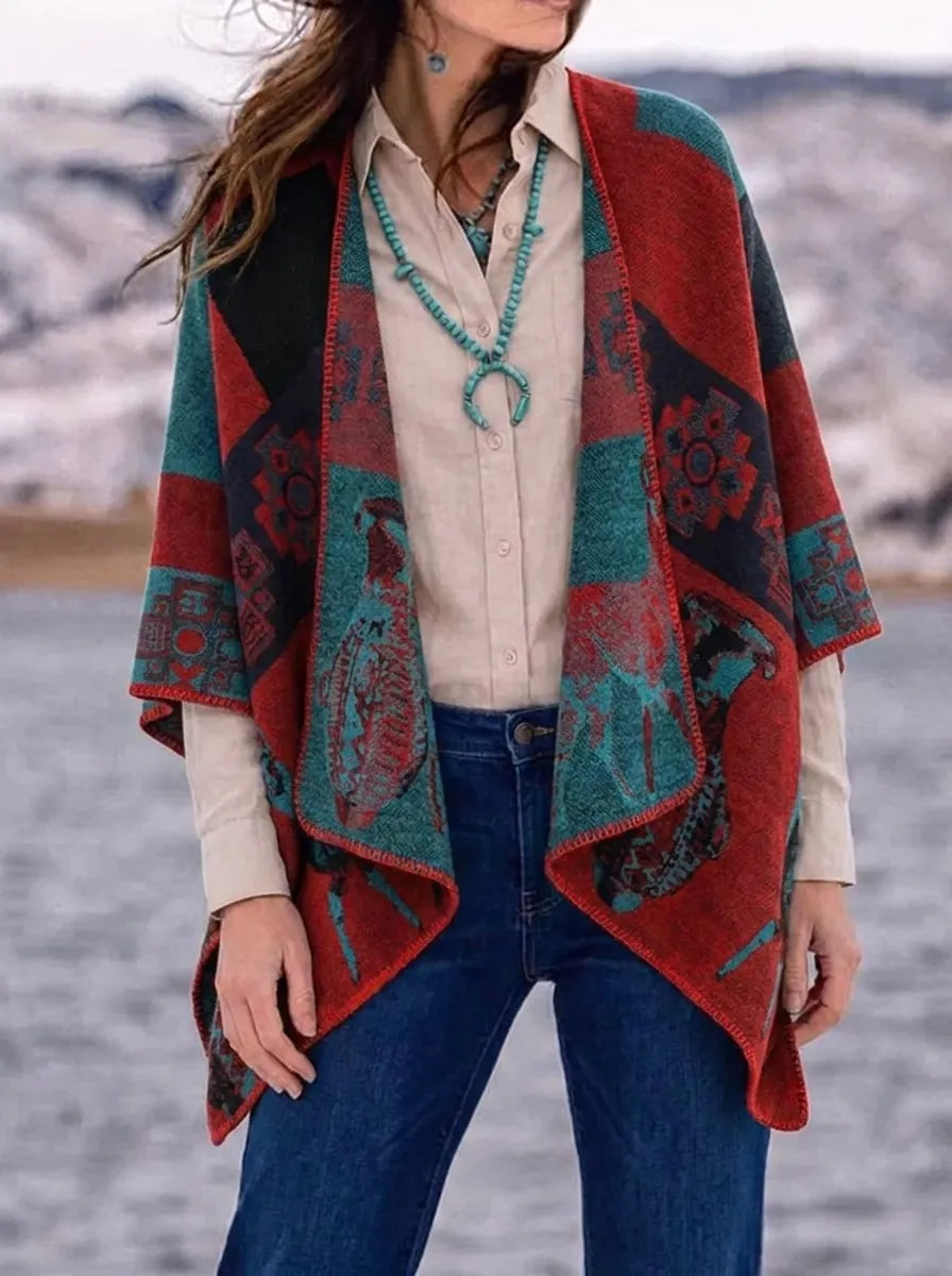 Cardigan Kimono Femme à Motifs Ethniques Imprimés Coupe Ample Multicolore