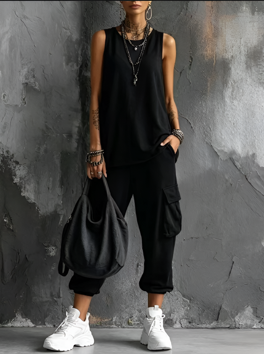 Women's Casual Tank Top and Short Cargo Pants Set in Khaki