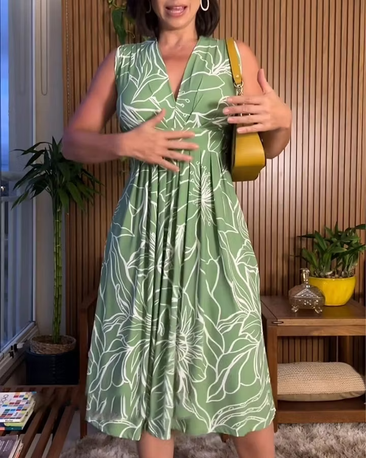 Lässiges ärmelloses Midikleid für Damen mit Blumenmuster, plissiertem V-Ausschnitt