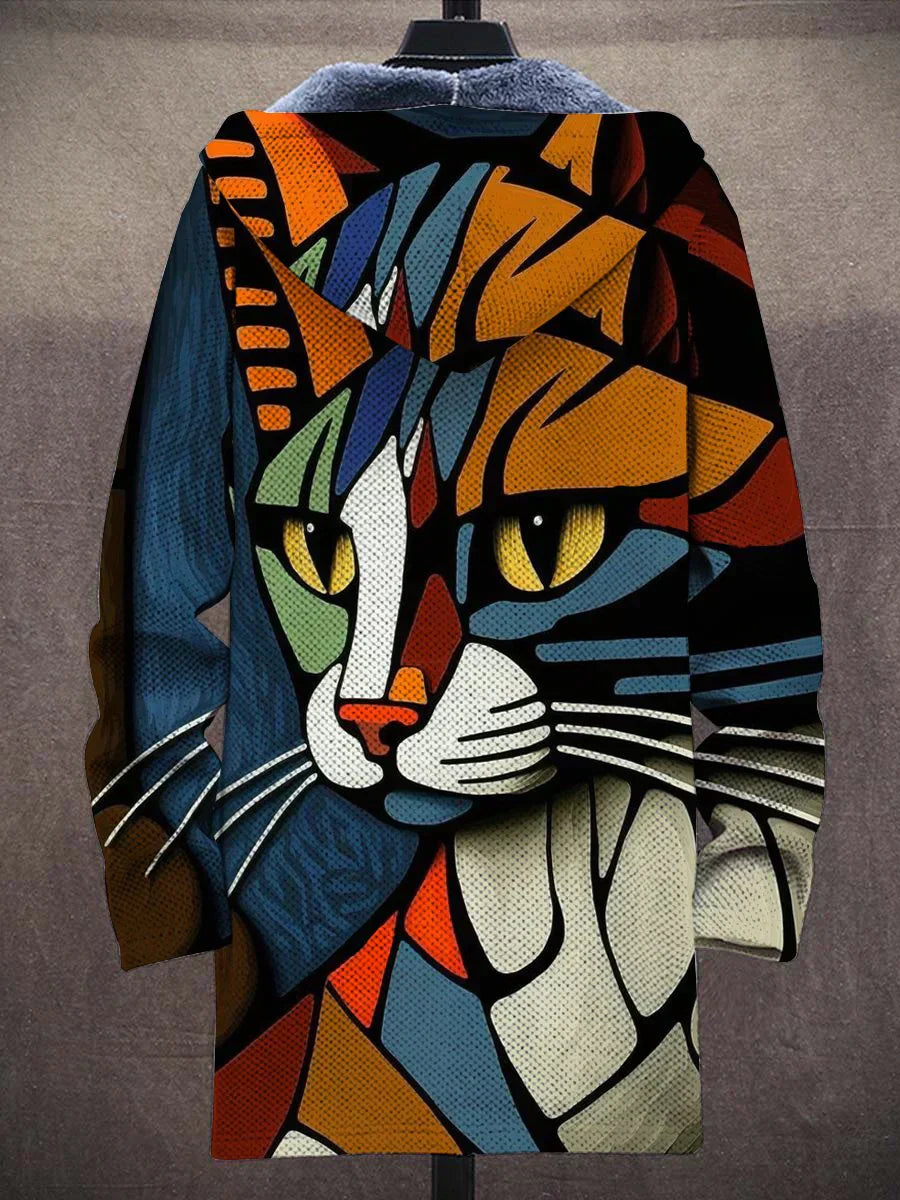 Chaqueta con Capucha para Mujer Estilo Artístico con Motivo de Gato Gráfico – Moda Casual y Original