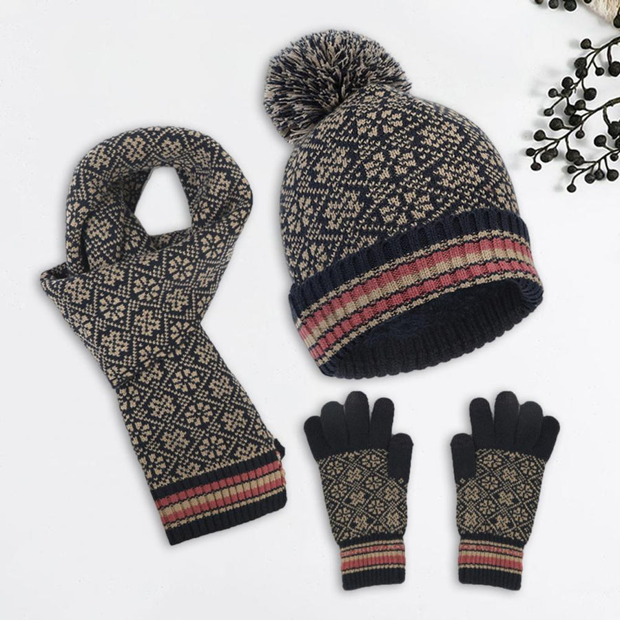 Gebreide set met muts, sjaal en handschoenen, wintermotief met pompon