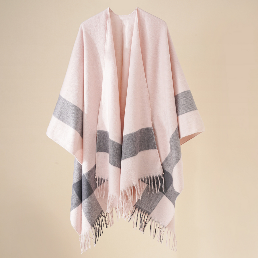 Soft women's fringed striped poncho cape in beige and brown