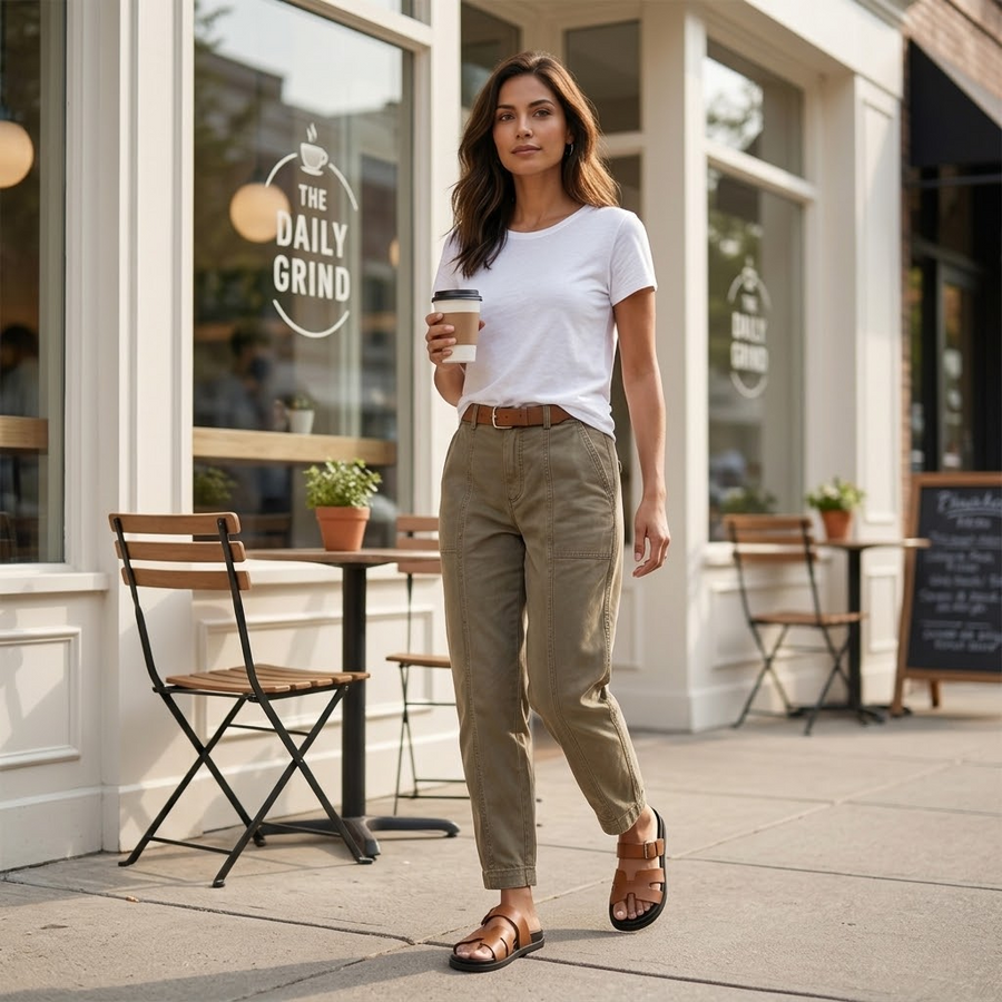 Pantalon femme coupe décontractée couleur kaki clair avec ceinture
