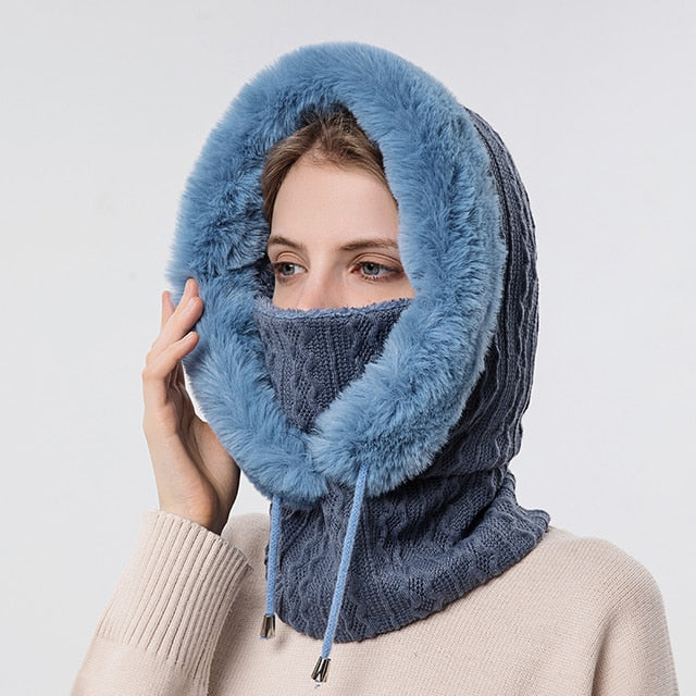 Gefütterte Strickkapuze mit Kunstfell in Rosa und integriertem Nackenwärmer für Damen