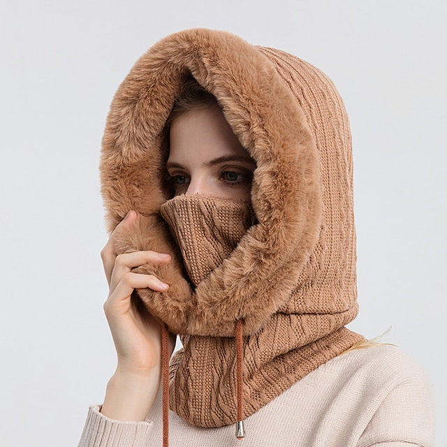 Gefütterte Strickkapuze mit Kunstfell in Rosa und integriertem Nackenwärmer für Damen