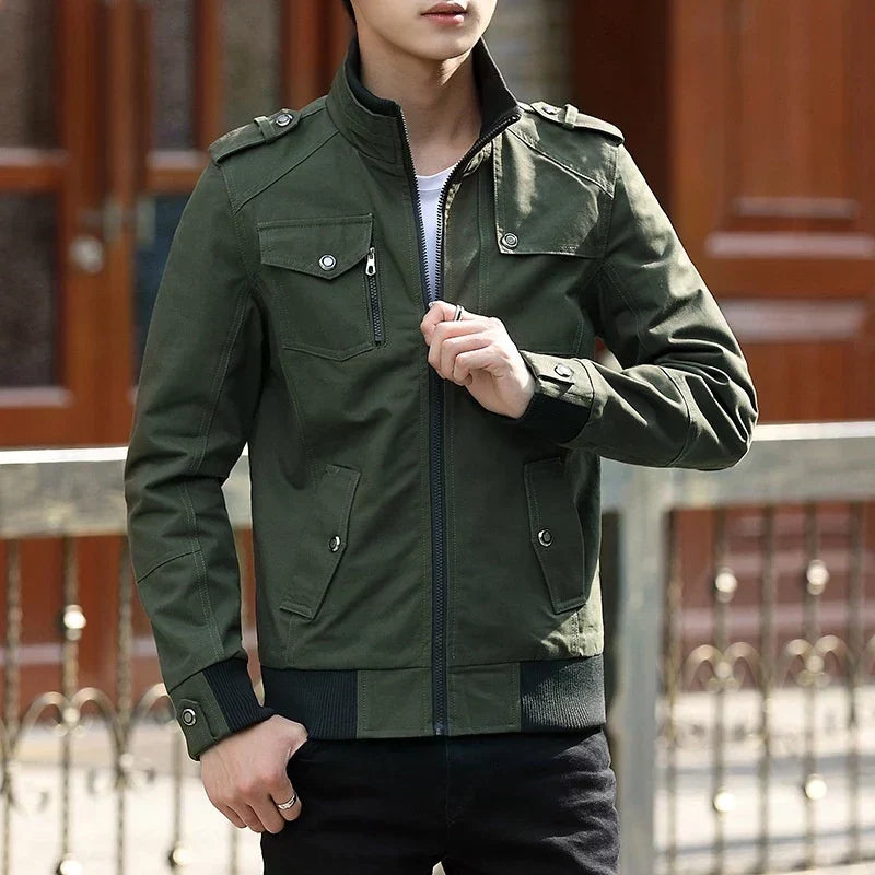 Men's Beige Bomber-Style Jacket with High Neck, Pockets, and Epaulettes