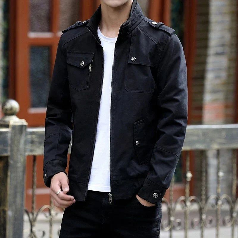 Men's Beige Bomber-Style Jacket with High Neck, Pockets, and Epaulettes