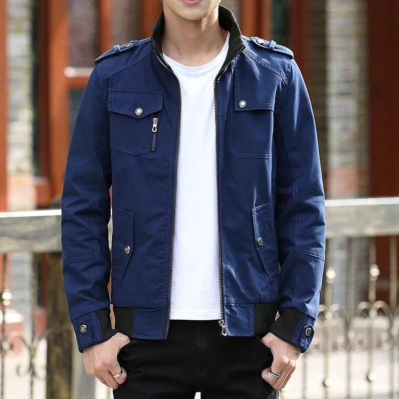 Men's Beige Bomber-Style Jacket with High Neck, Pockets, and Epaulettes