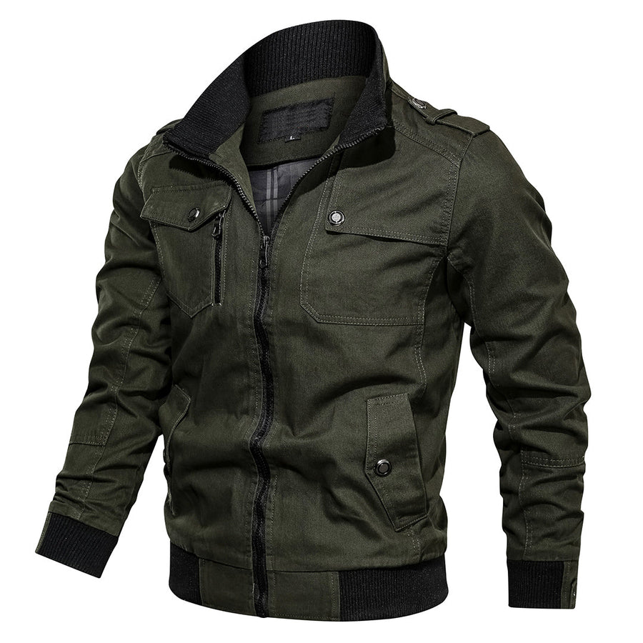 Men's Beige Bomber-Style Jacket with High Neck, Pockets, and Epaulettes