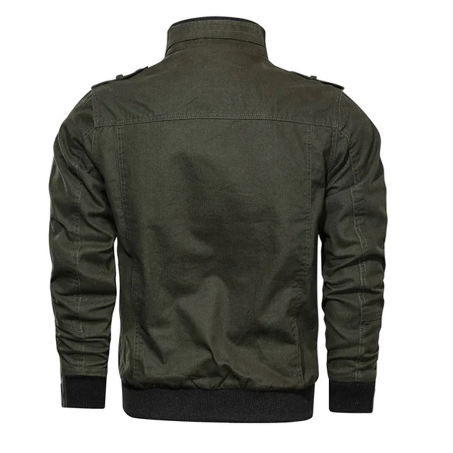 Men's Beige Bomber-Style Jacket with High Neck, Pockets, and Epaulettes
