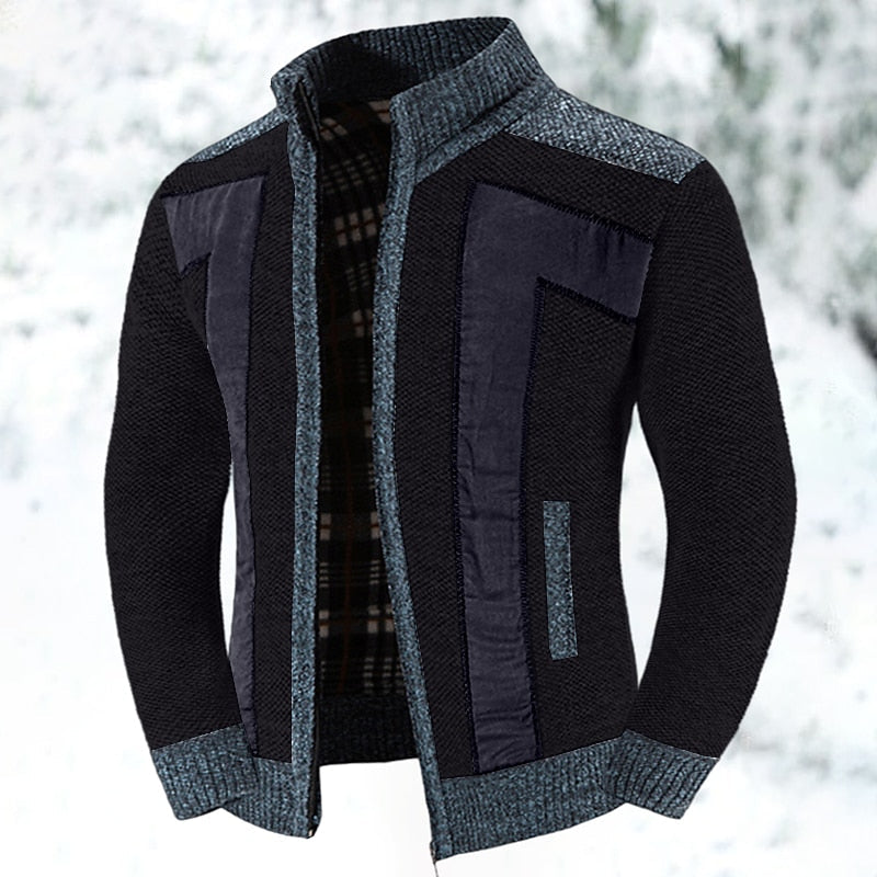 Men's Knit Jacket with Panel Details and Zipped Stand Collar