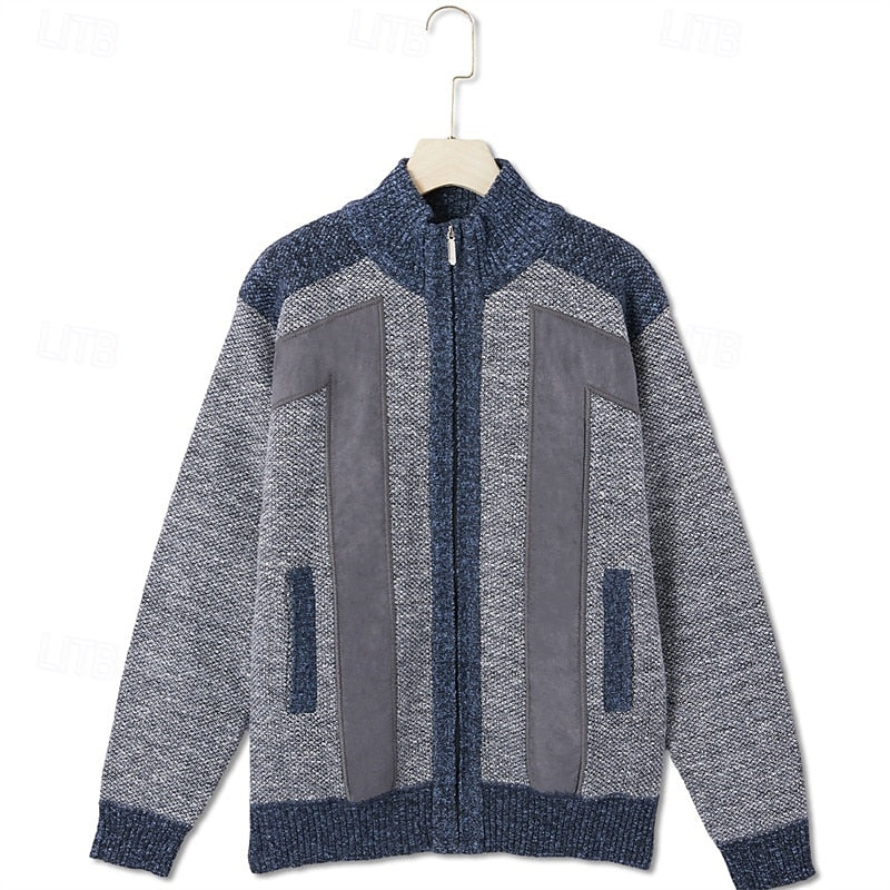 Men's Knit Jacket with Panel Details and Zipped Stand Collar