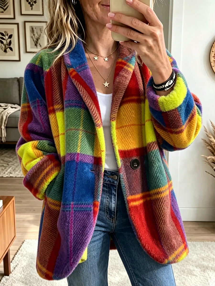 Women's loose-fit multicolored plaid jacket