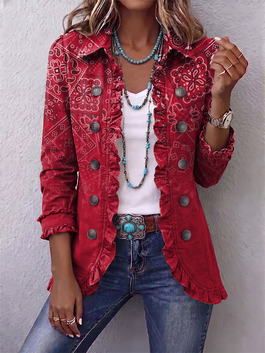 Chaqueta roja para mujer con estampado de cachemira, volantes y botones decorativos