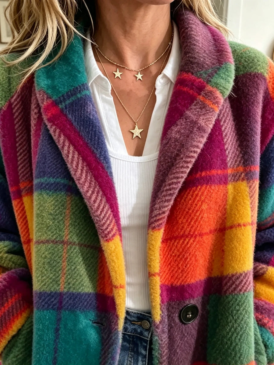 Women's loose-fit multicolored plaid jacket