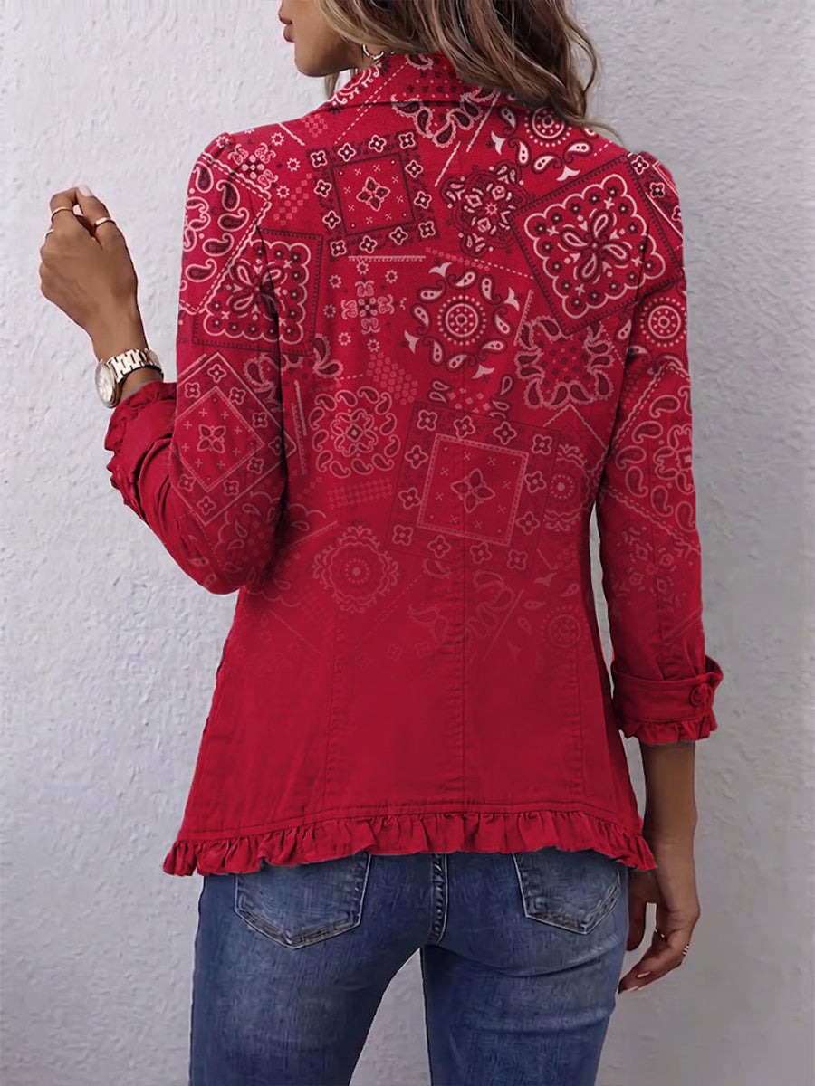 Chaqueta roja para mujer con estampado de cachemira, volantes y botones decorativos