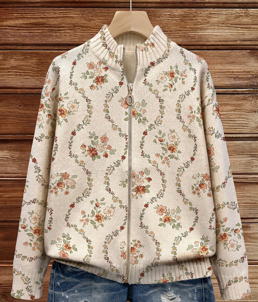 Women's Zip-Up Jacket with Stand Collar and Beige Floral Pattern