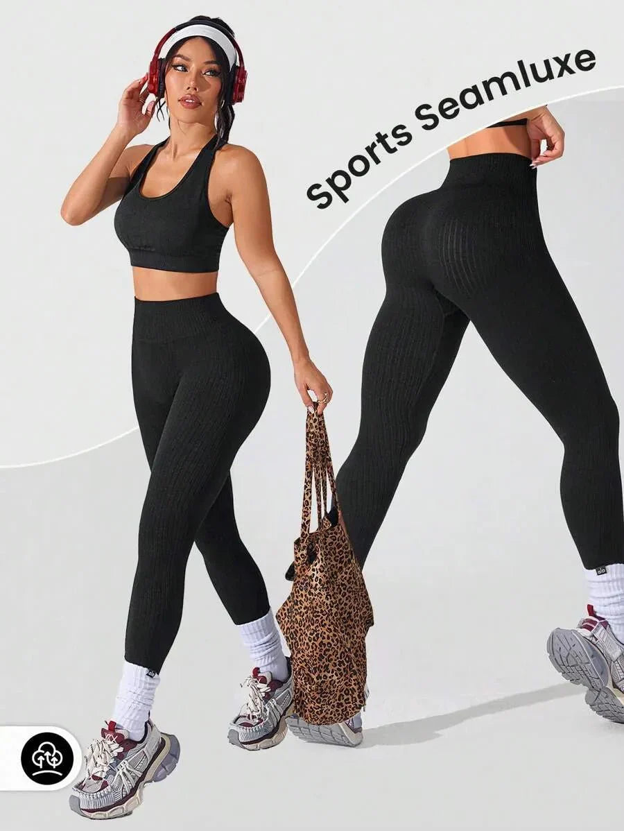 Dameleggings med høj talje uden syninger, ribstrikket stil til fitness og hverdag