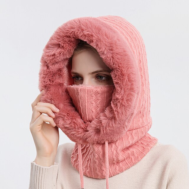 Gefütterte Strickkapuze mit Kunstfell in Rosa und integriertem Nackenwärmer für Damen