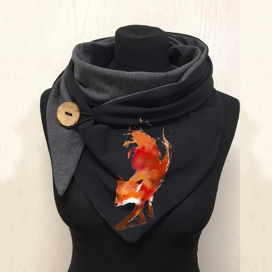 Foulard triangulaire motif animalier ou nature, gris et noir avec bouton décoratif