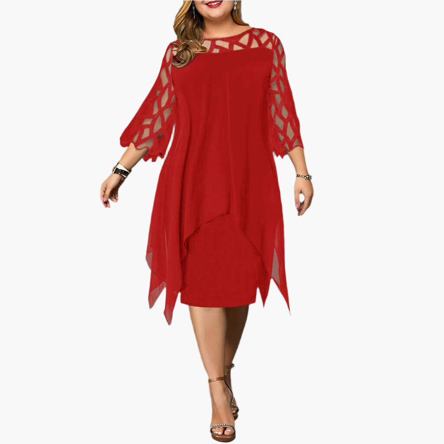 Abito midi elegante taglia grande da donna, maniche in pizzo, stile chic per serata o cerimonia