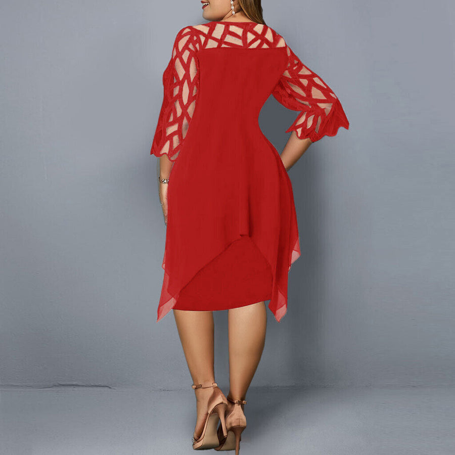 Abito midi elegante taglia grande da donna, maniche in pizzo, stile chic per serata o cerimonia