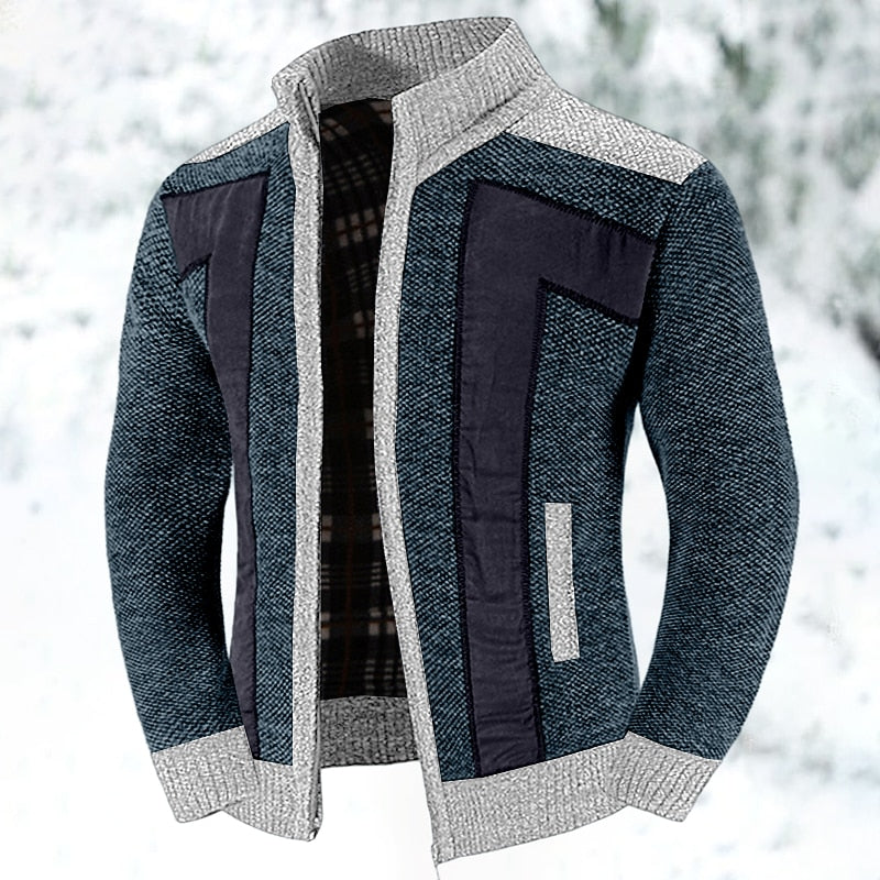 Men's Knit Jacket with Panel Details and Zipped Stand Collar